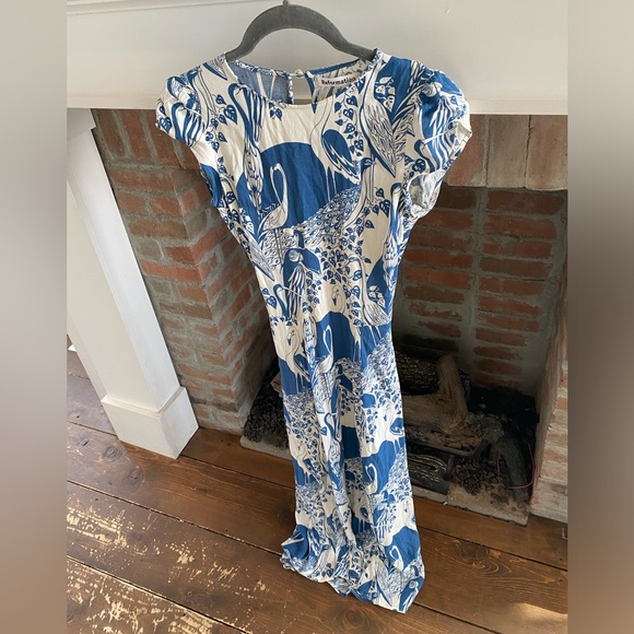 Reformation Gavin Dress in Avian Print Blue White Midi High Slit Open Back sz 4 - Picture 7 of 11